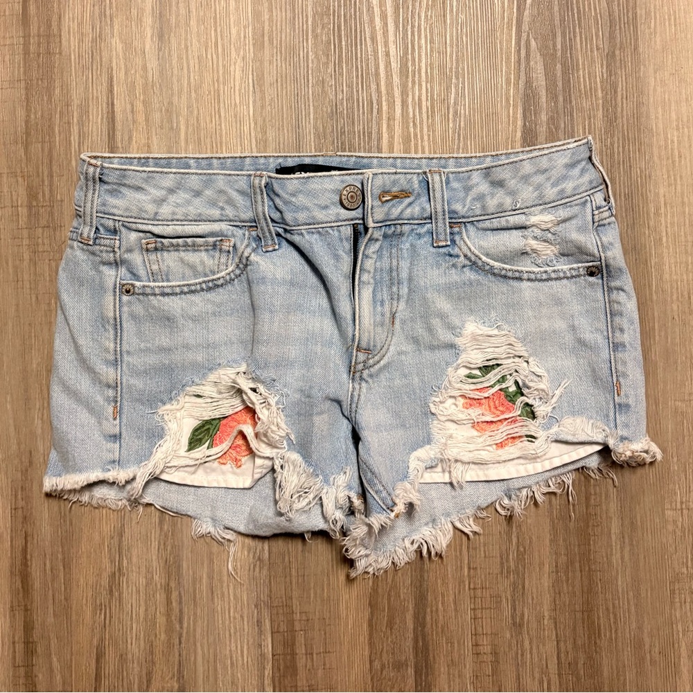 Express Sky Blue Denim Pants Floral Embroidery